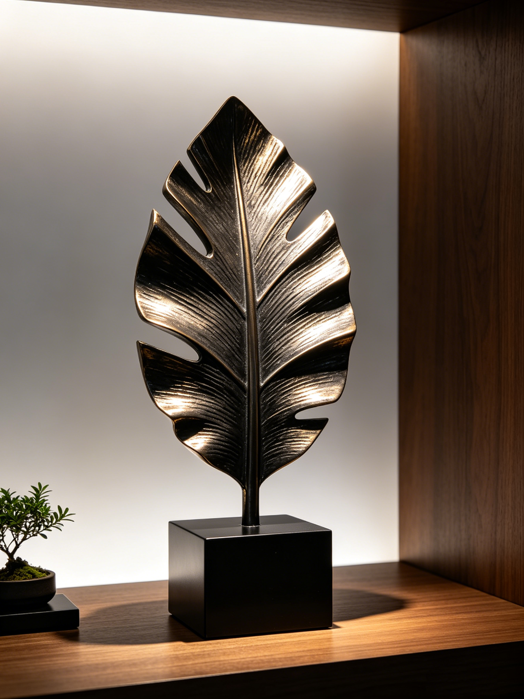 Metal Leaf Decorative Sculpture with Black Base - Black